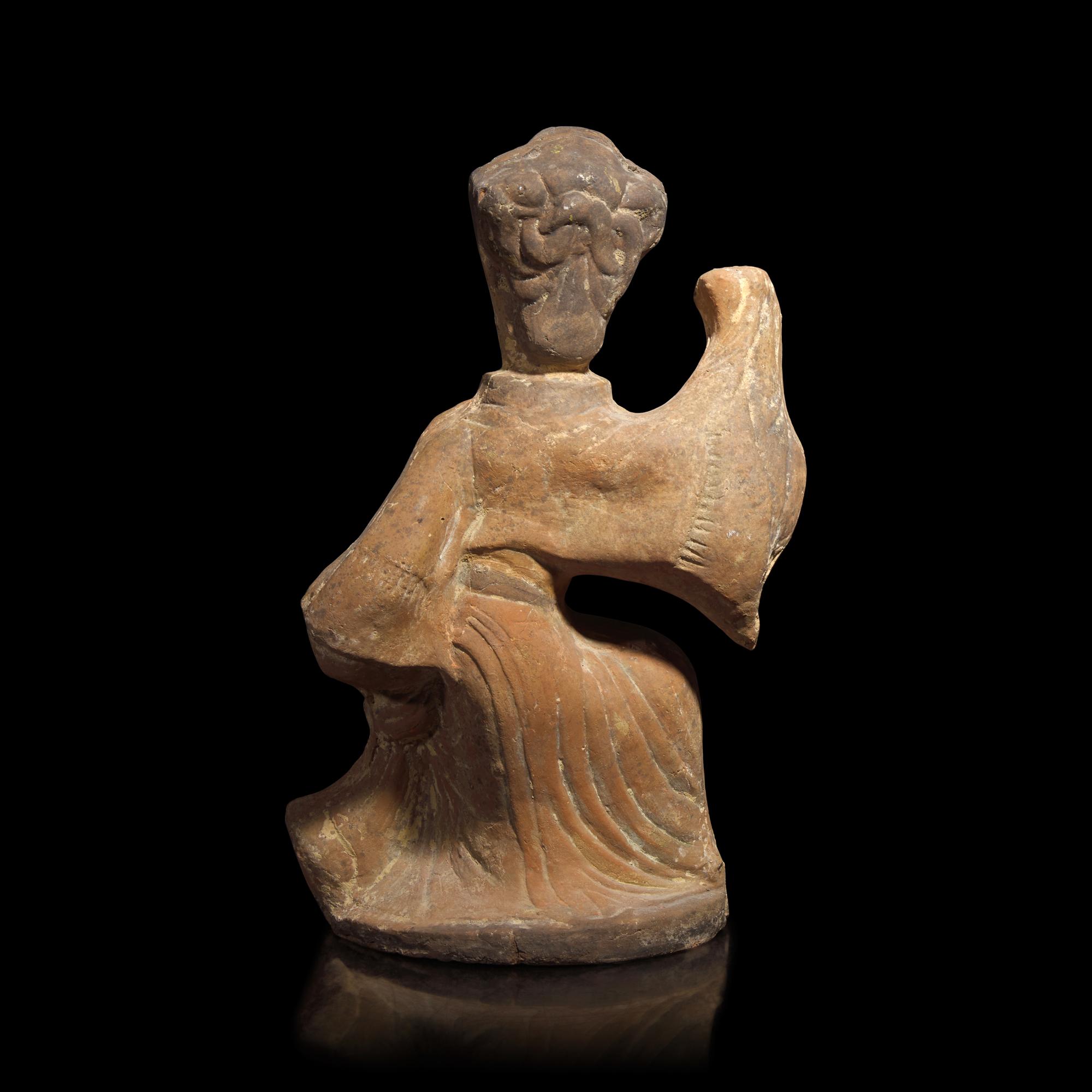 A Chinese Sichuan Style Red Pottery Figure of a Dancer, Han Dynasty — 漢 四川風格灰陶彩繪樂舞俑