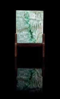 A Chinese Jadeite Plaque LATE 19TH/20TH CENTURY Height of jadeite 4 x width 3 1/4 inches. — LATE 19TH/20TH CENTURY