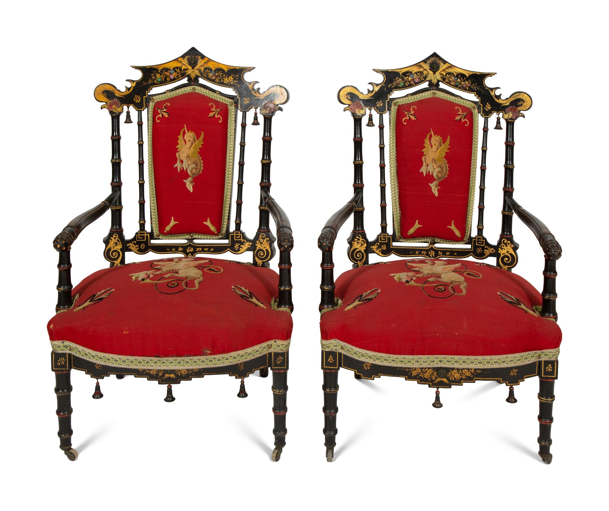 A Set of Four Black and Polychrome Chinoiserie-Decorated Chairs