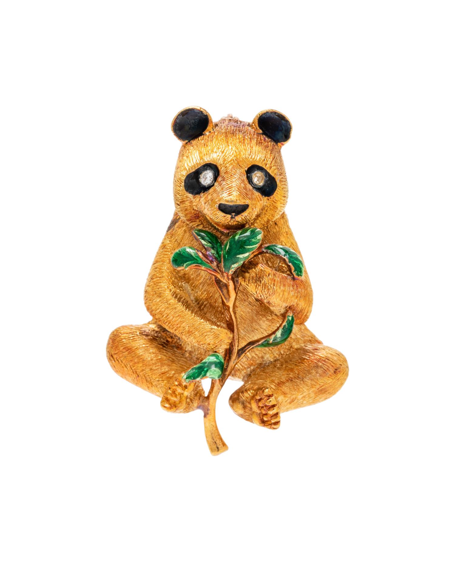 YELLOW GOLD, DIAMOND AND ENAMEL PANDA PENDANT/BROOCH