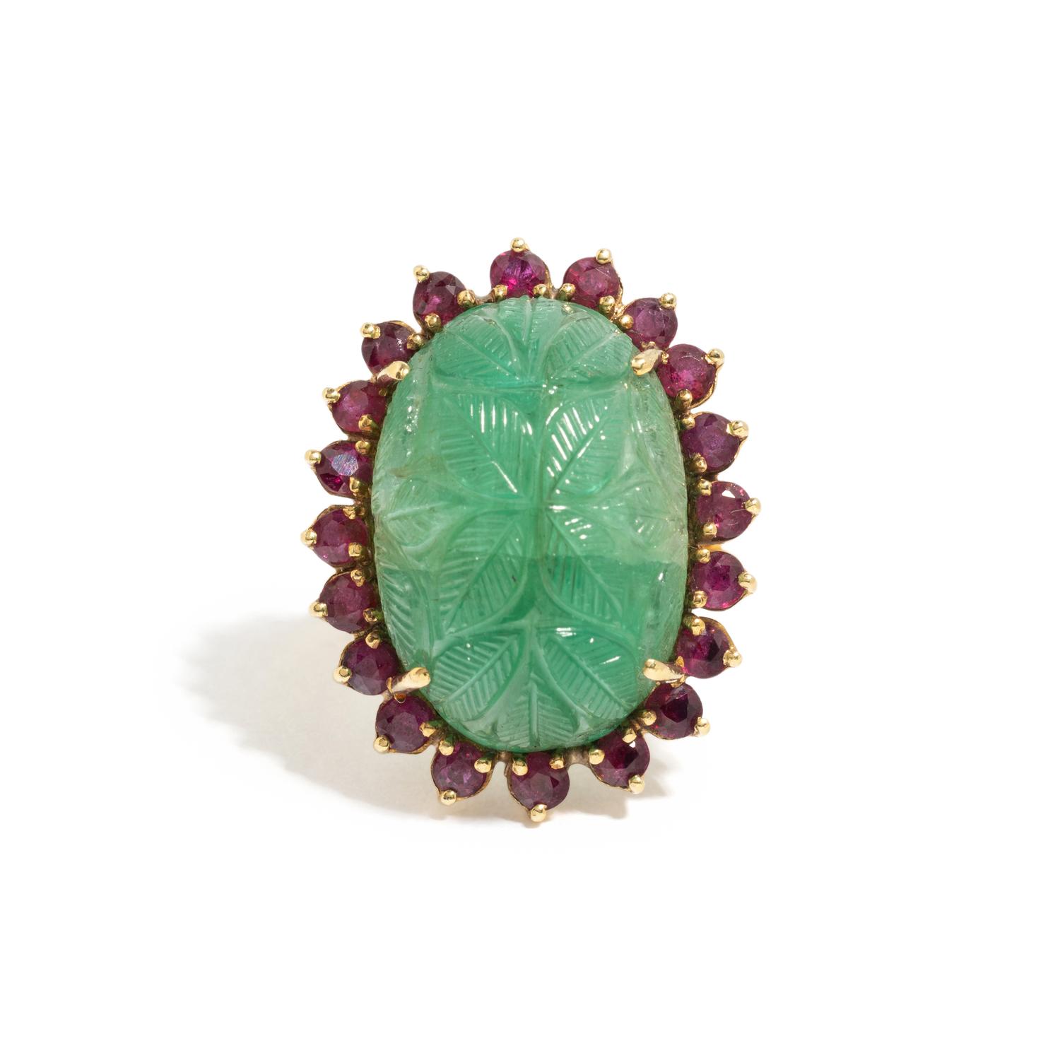 CARVED EMERALD AND RUBY RING