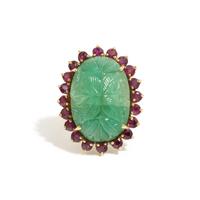 CARVED EMERALD AND RUBY RING