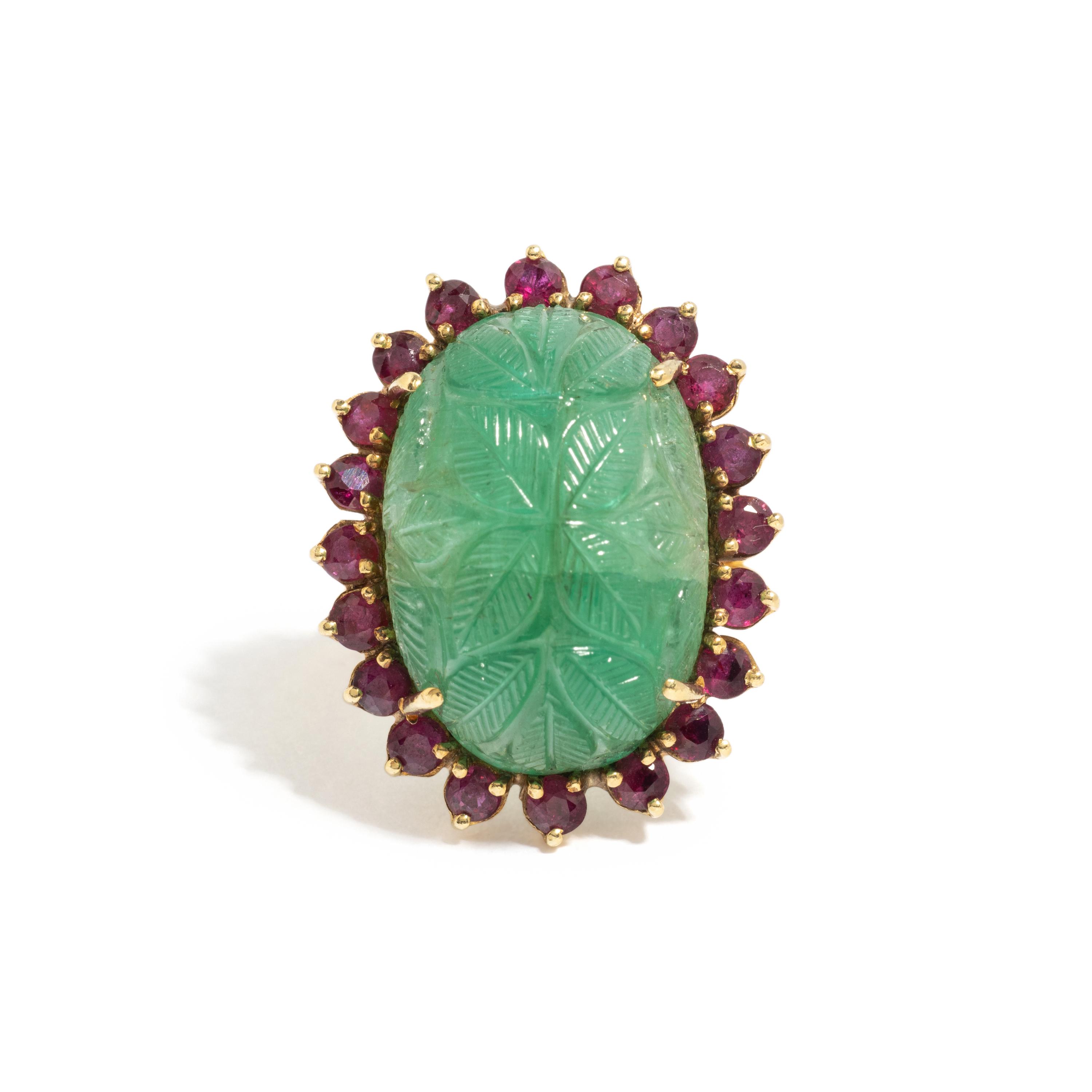 CARVED EMERALD AND RUBY RING