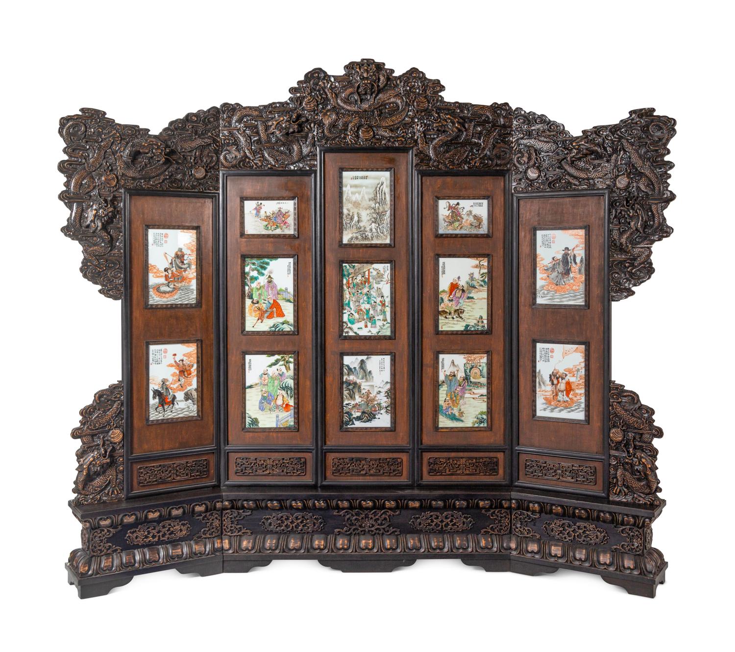A Large Chinese Porcelain Inset Hardwood Screen