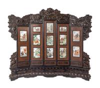 A Large Chinese Porcelain Inset Hardwood Screen