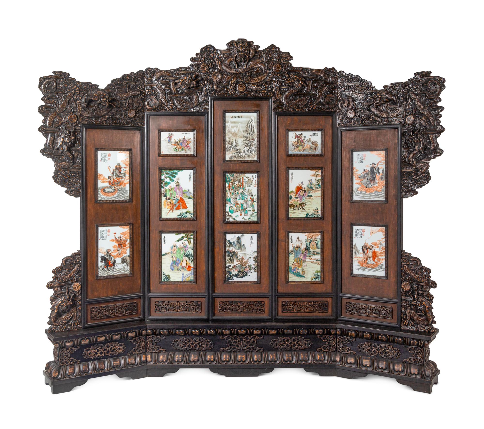 A Large Chinese Porcelain Inset Hardwood Screen