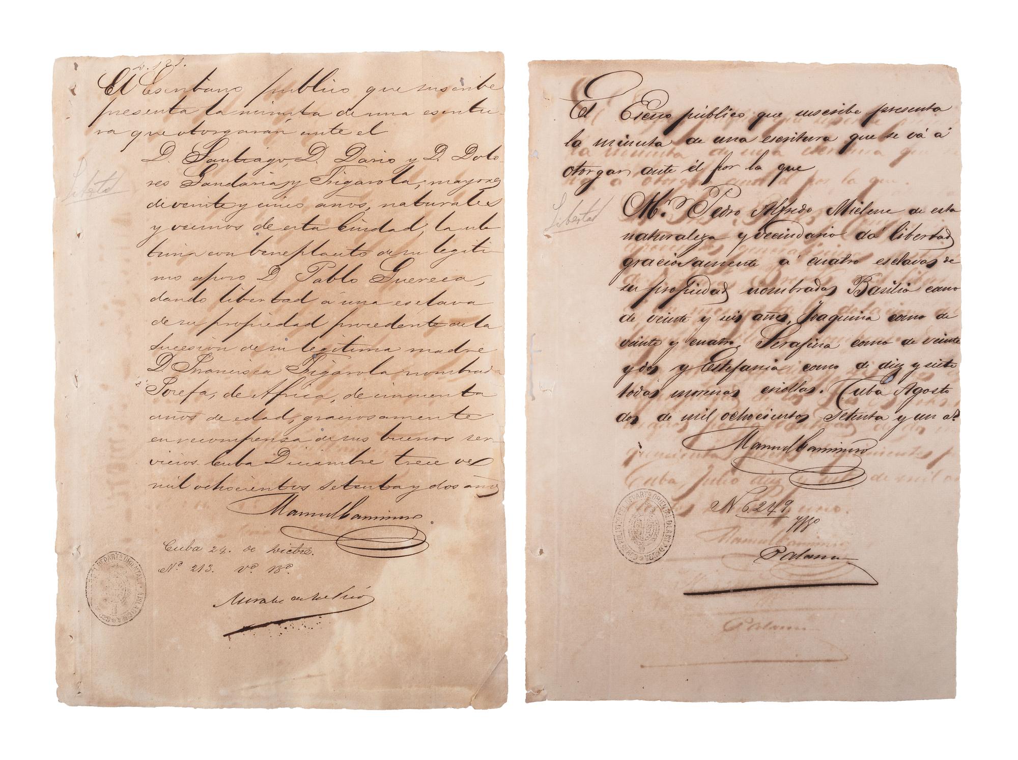 [SLAVERY & ABOLITION]. A group of 12 manumission documents for enslaved persons in Cuba. 1871-1879.