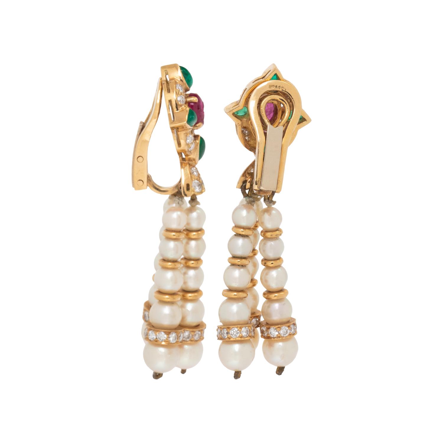 RUBY, EMERALD, DIAMOND, AND CULTURED PEARL TASSEL EARRINGS