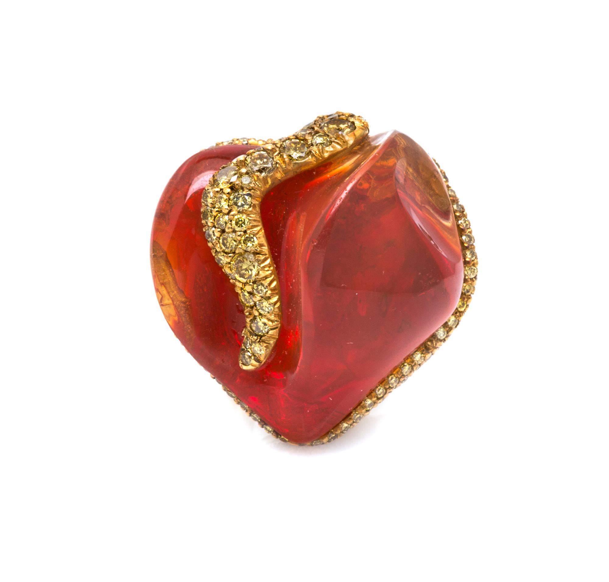 A Yellow Gold, Fire Opal and Colored Diamond Ring, 21.10 dwts.