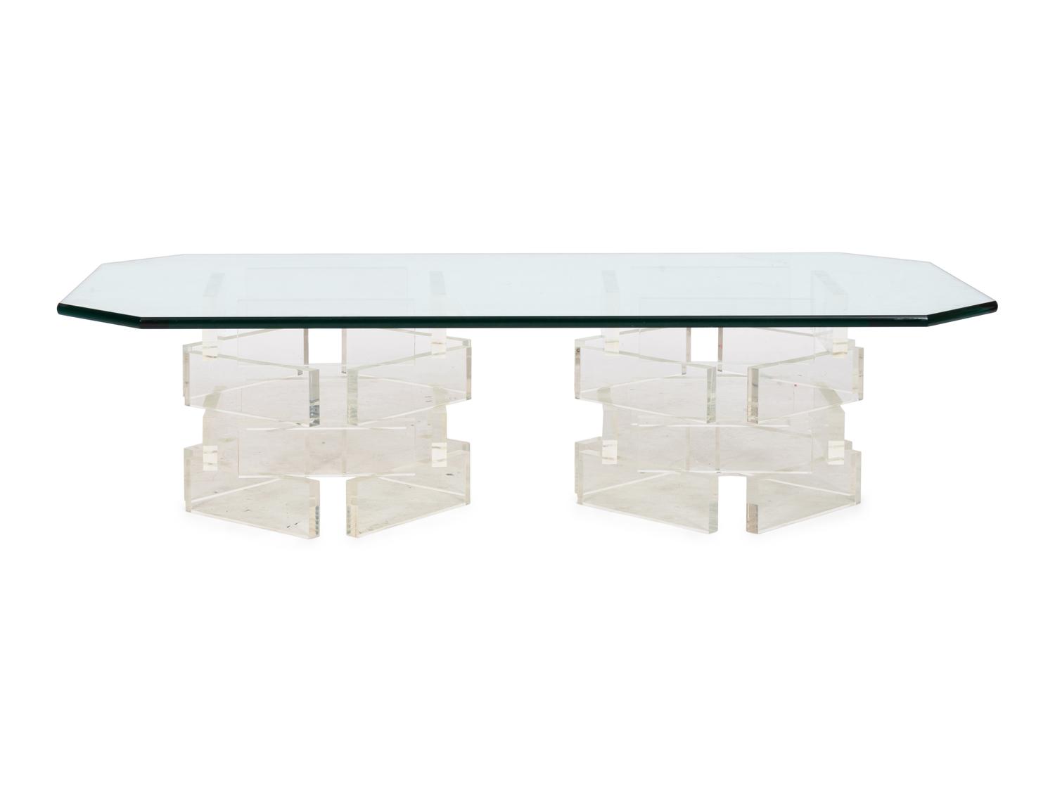 A Contemporary Acrylic and Glass Double Pedestal Cocktail Table