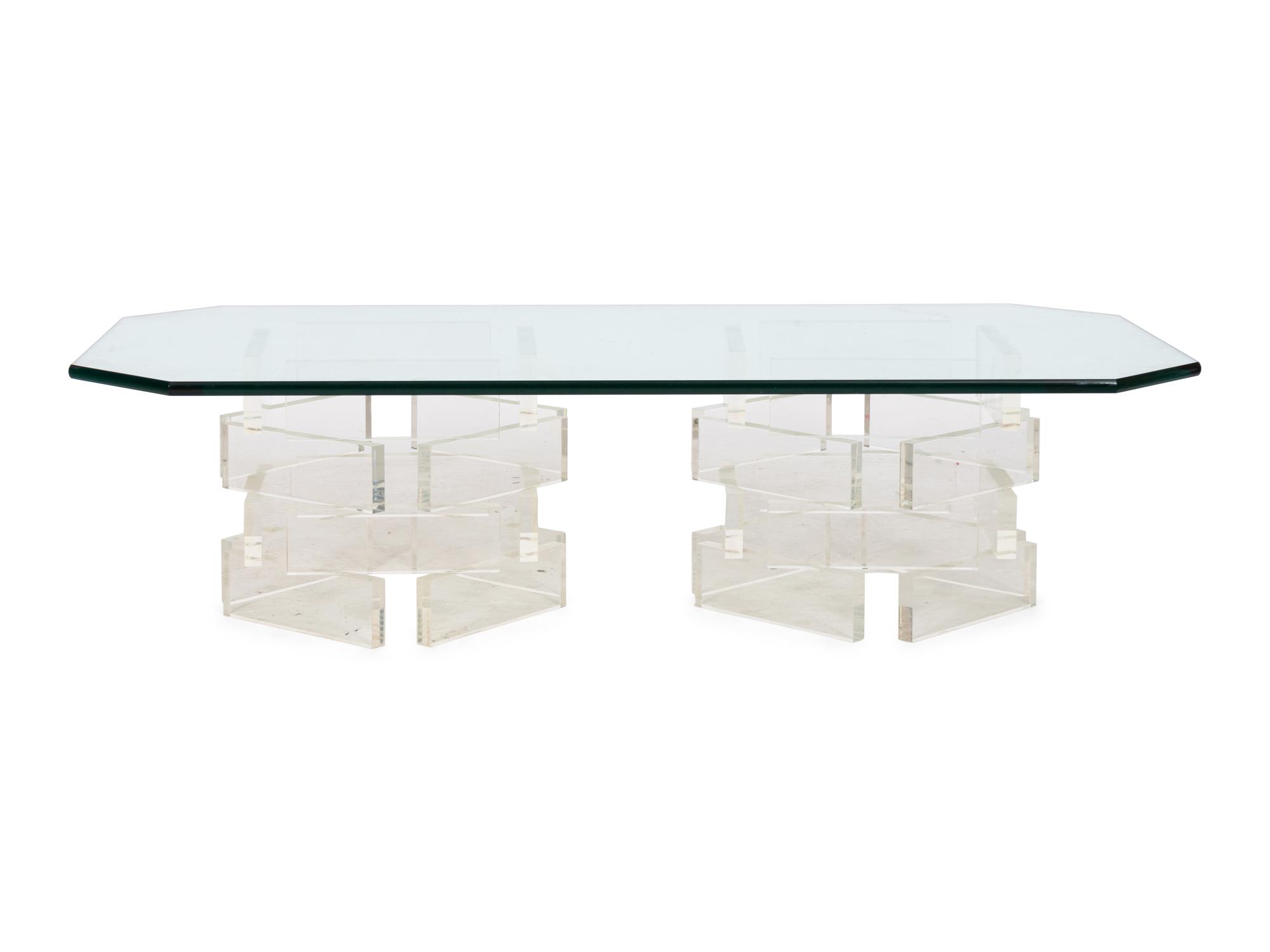 A Contemporary Acrylic and Glass Double Pedestal Cocktail Table