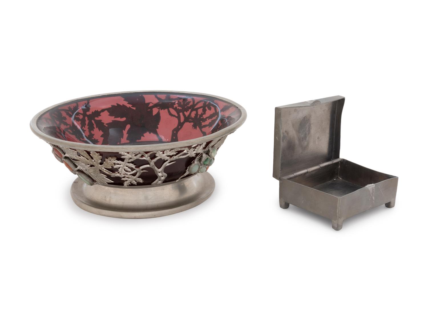 Two Chinese Hardstone Inset Pewter Articles
