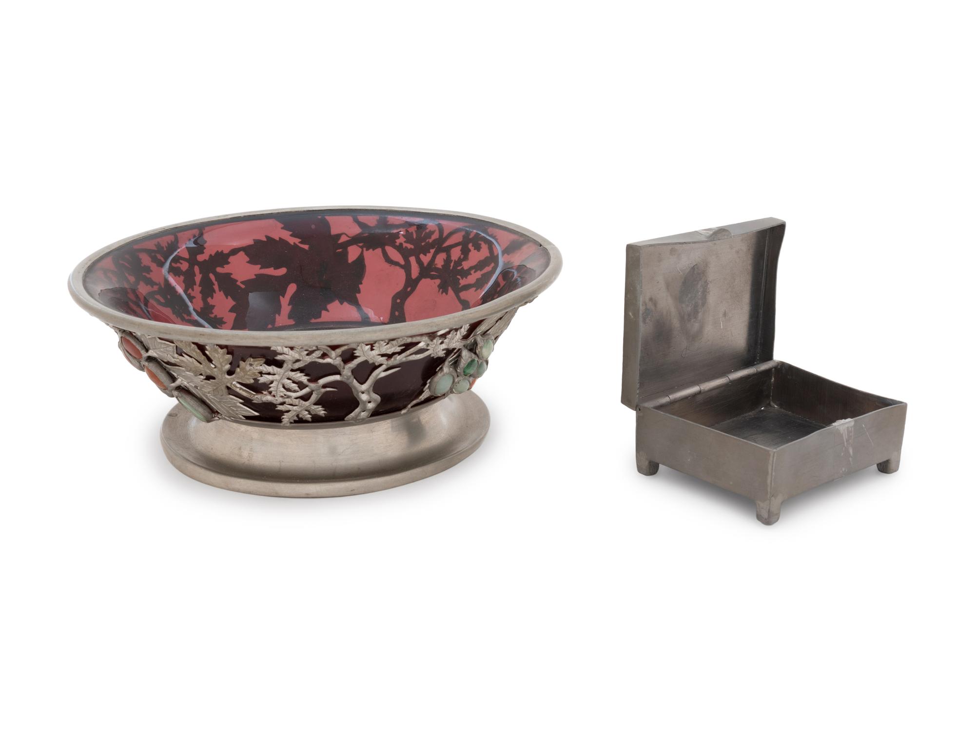 Two Chinese Hardstone Inset Pewter Articles