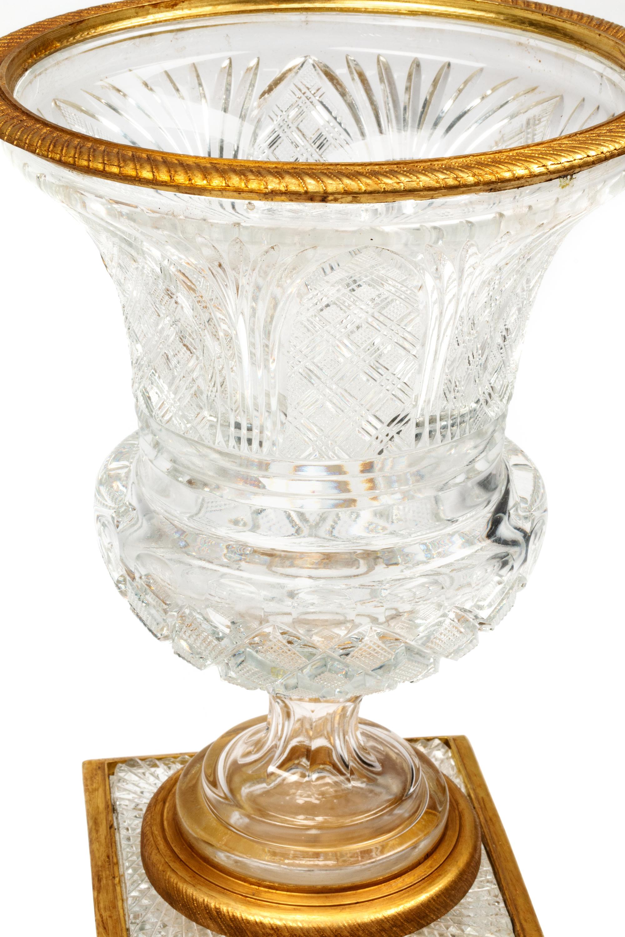 A Pair of Gilt Bronze Mounted Cut Glass Urns