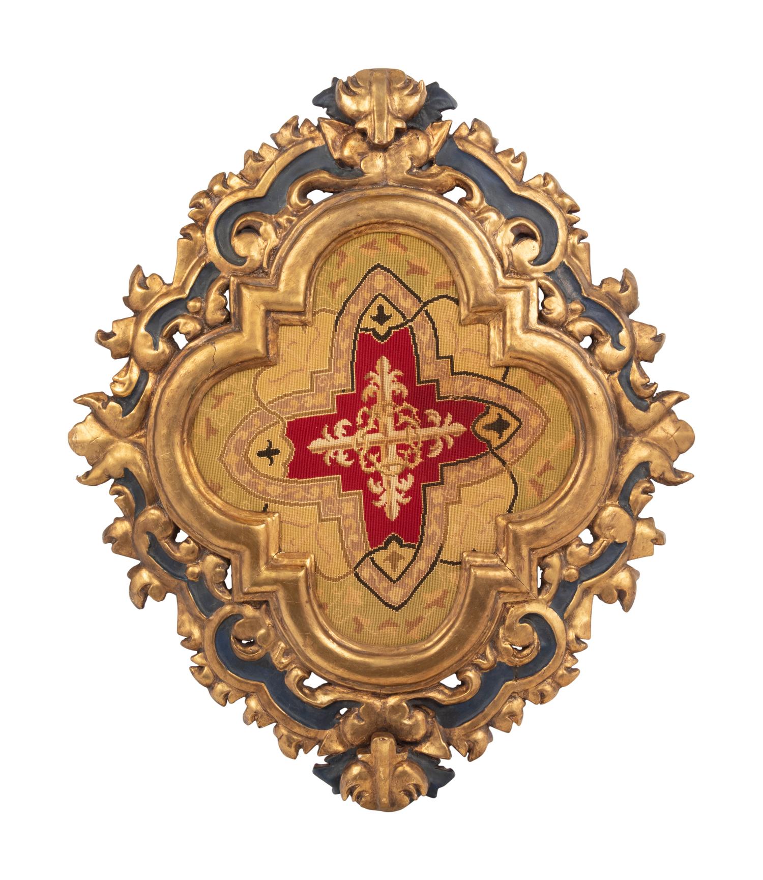 A Petit-Point Panel Set in a Painted and Parcel Gilt Frame