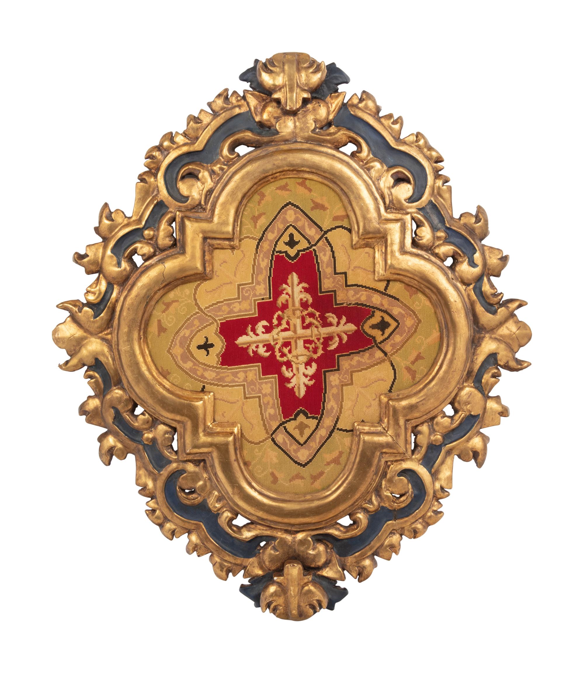 A Petit-Point Panel Set in a Painted and Parcel Gilt Frame