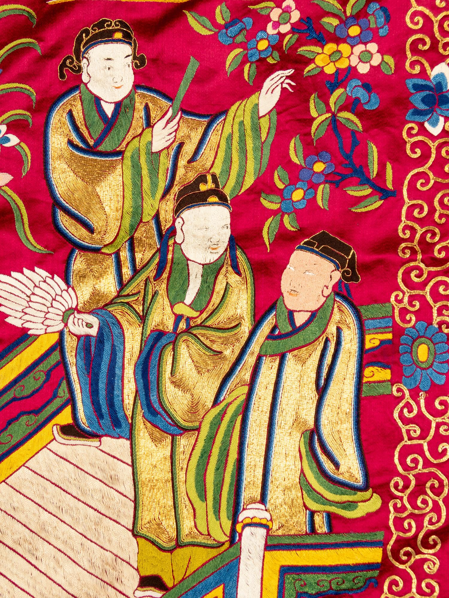 An Impressively Large Chinese Burgundy Ground Embroidered Silk 'Birthday' Wall Panel, Dated 1868 清同治七年（1868） 絳紅緞綉賀壽圖大挂屏