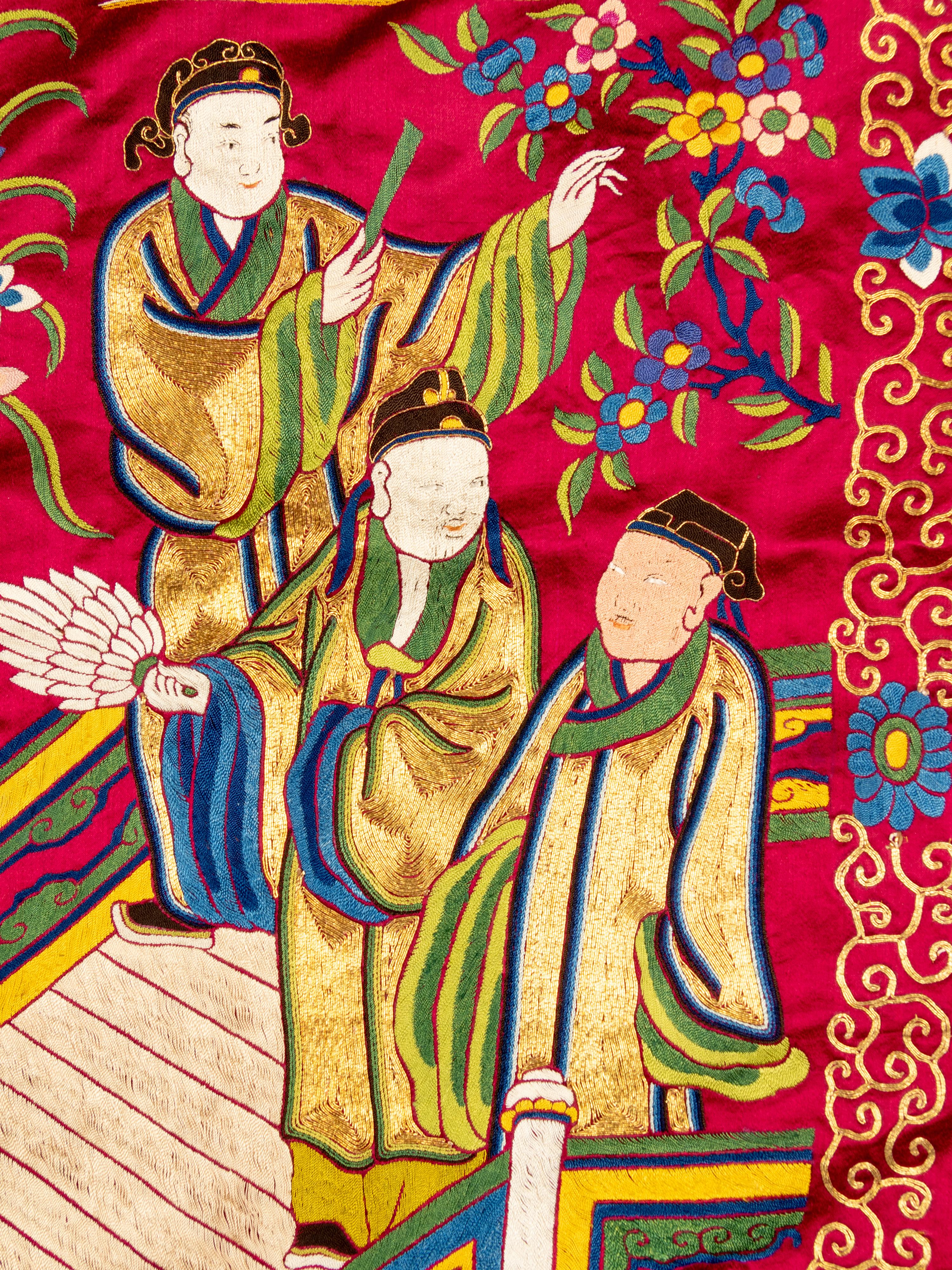 An Impressively Large Chinese Burgundy Ground Embroidered Silk 'Birthday' Wall Panel, Dated 1868 清同治七年（1868） 絳紅緞綉賀壽圖大挂屏