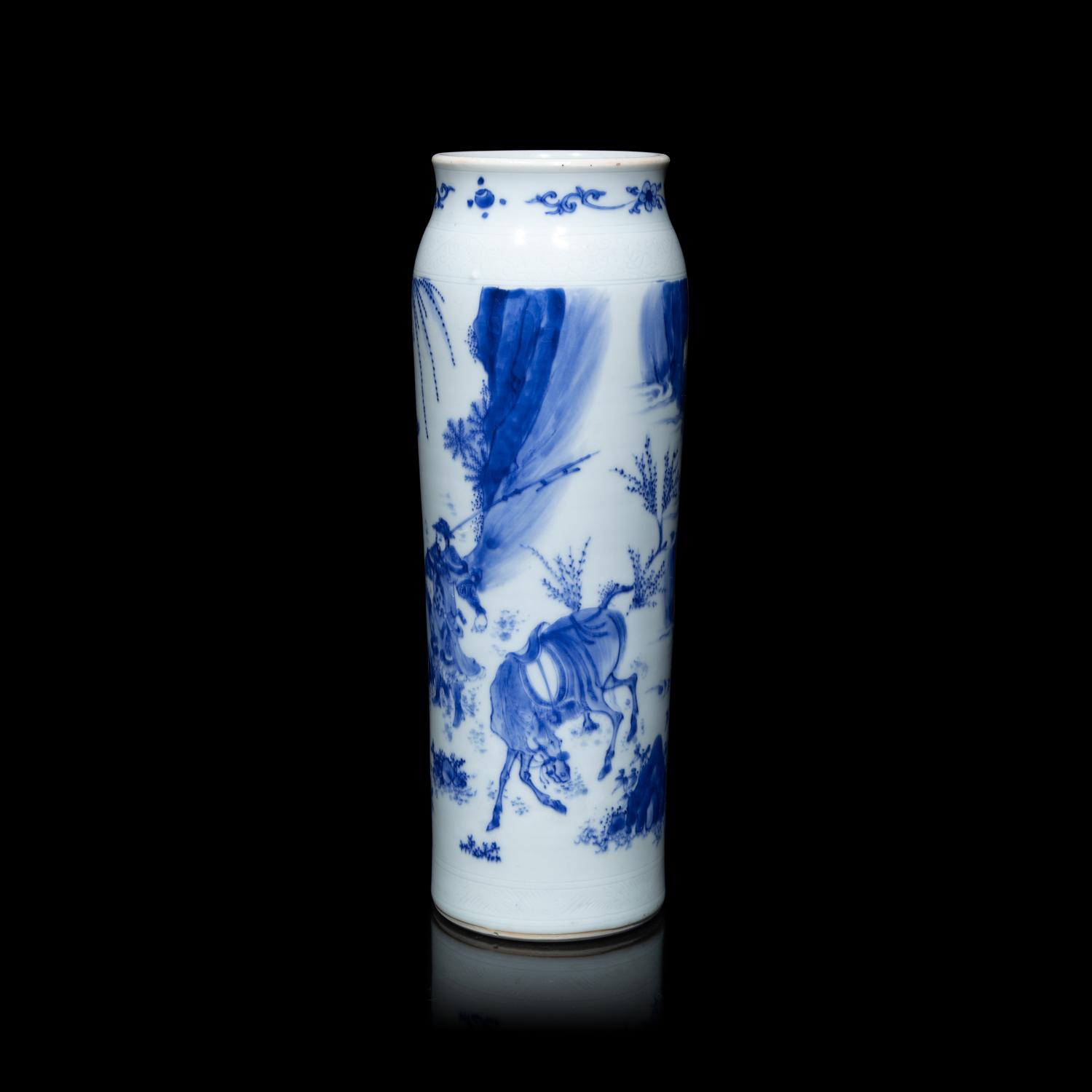 A Chinese Blue and White Porcelain Cylindrical Vase, Transitional Period, 17th Century 明末清初 青花人物故事圖筒瓶