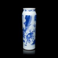 A Chinese Blue and White Porcelain Cylindrical Vase, Transitional Period, 17th Century 明末清初 青花人物故事圖筒瓶