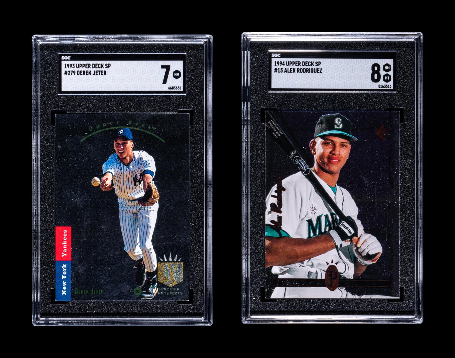 A 1993 Upper Deck SP Derek Jeter Rookie Card No. 279 (SGC 7) and 1994 Upper Deck SP Alex Rodriguez Rookie Card No. 15 (SGC 8)