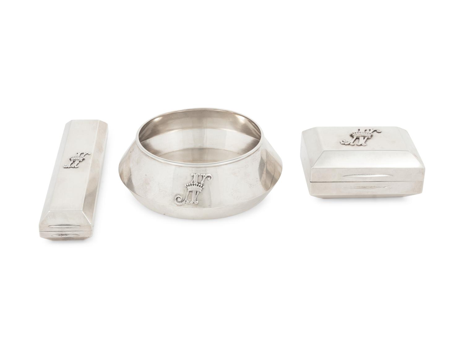 A Russian Silver Three-Piece Smoking Set