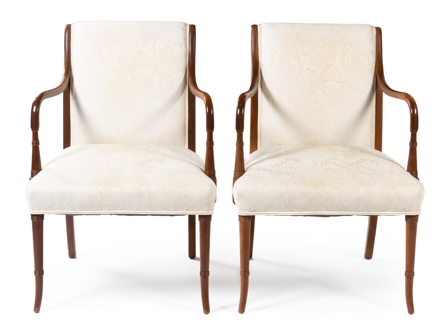 A Pair of Regency Style Walnut Open Armchairs Height 34 inches. — 20TH CENTURY