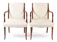 A Pair of Regency Style Walnut Open Armchairs Height 34 inches. — 20TH CENTURY