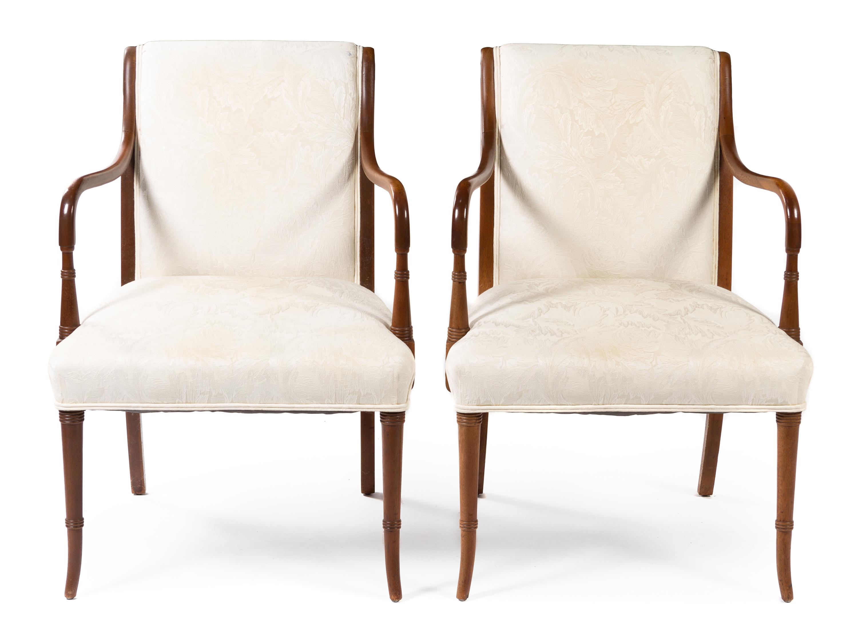 A Pair of Regency Style Walnut Open Armchairs Height 34 inches. — 20TH CENTURY