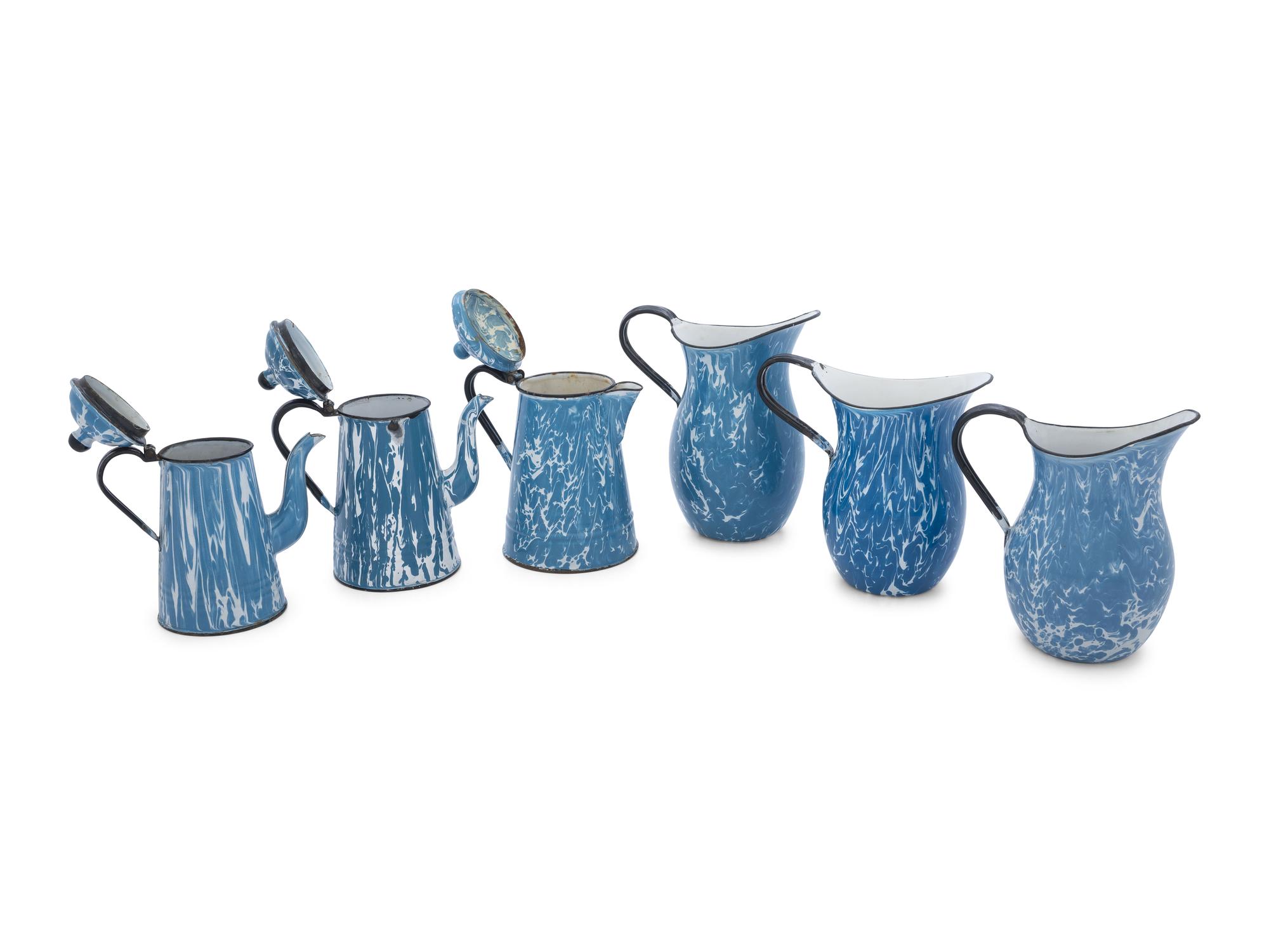Six Chrysolite Enameled Graniteware Coffeepots and Pitchers