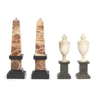 A Pair of Continental Onyx Obelisks and a Pair of English Marble Urn Ornaments
