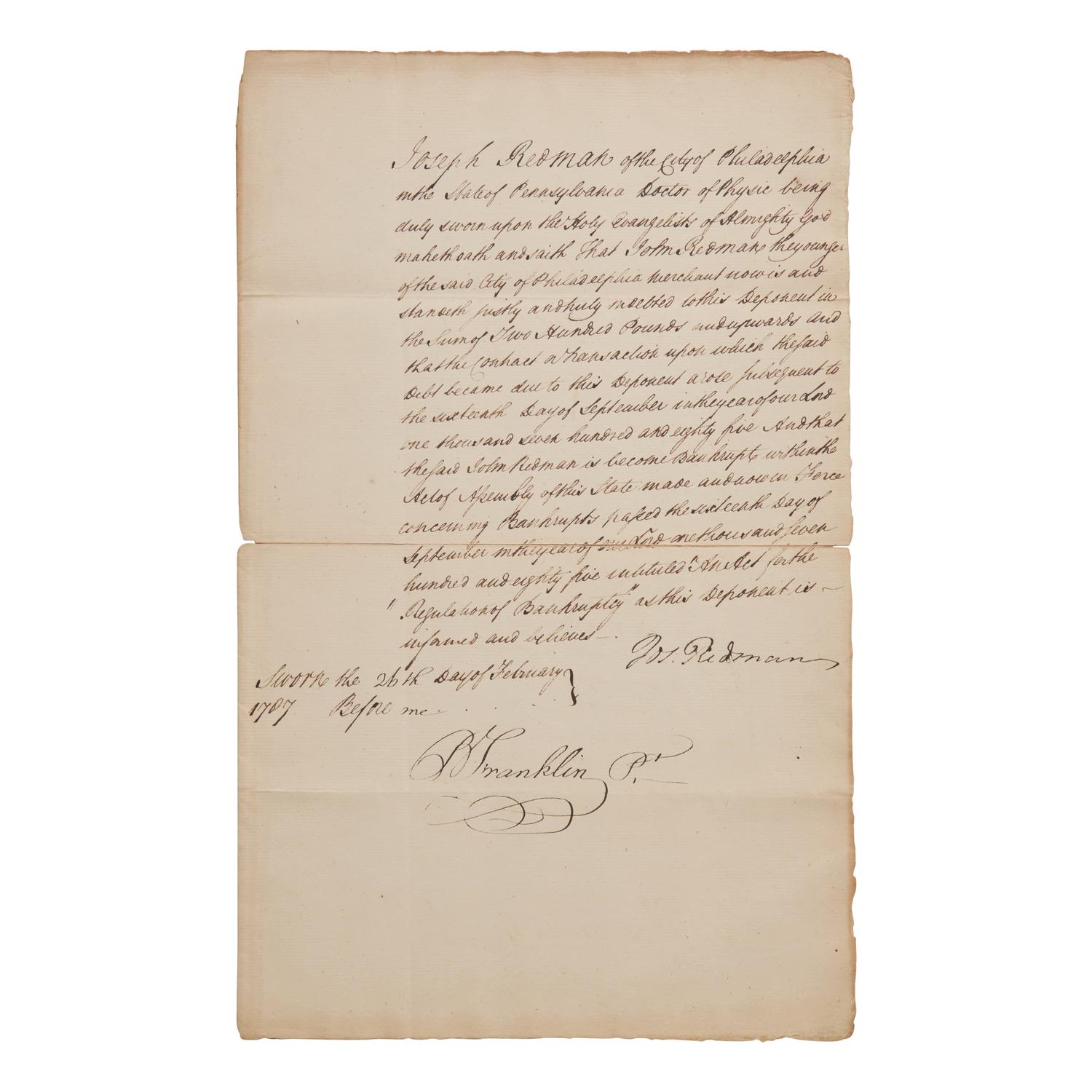 [Franklin, Benjamin] Franklin, Benjamin. Manuscript Document, signed