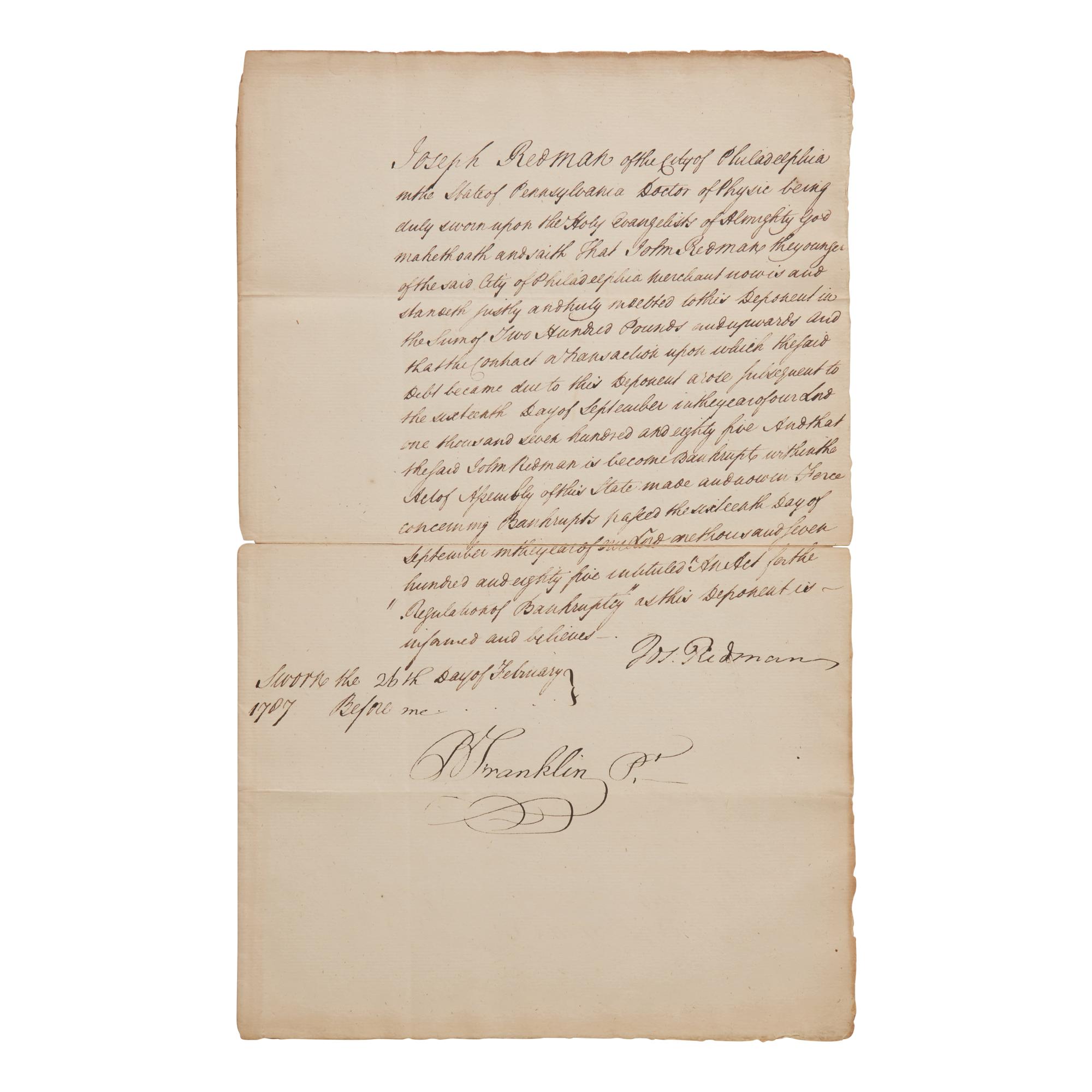 [Franklin, Benjamin] Franklin, Benjamin. Manuscript Document, signed