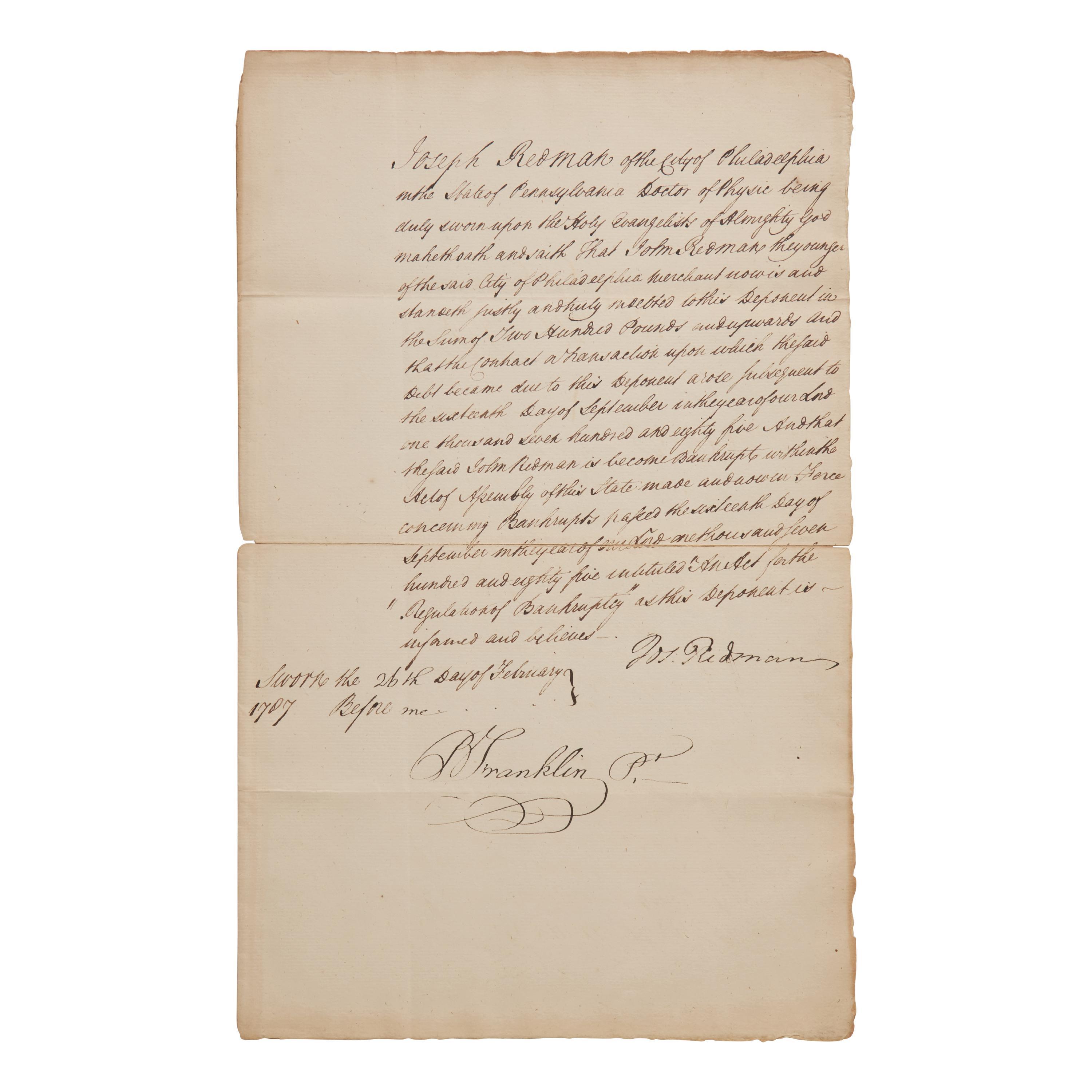 [Franklin, Benjamin] Franklin, Benjamin. Manuscript Document, signed