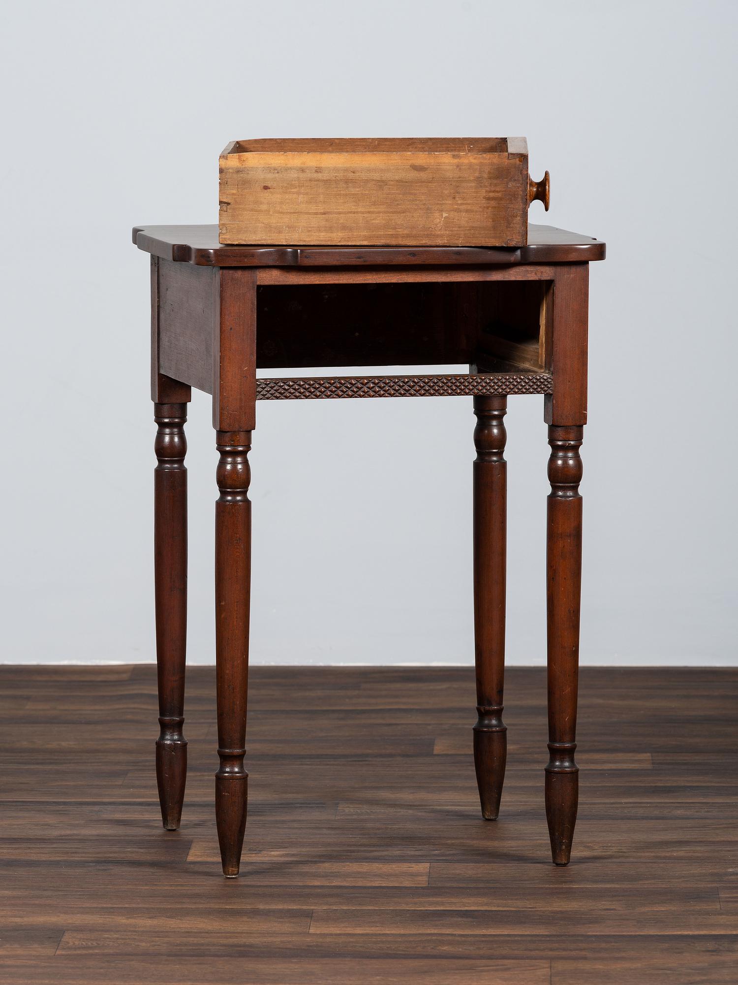 A Late Federal Carved Cherrywood and Tiger Maple One-Drawer Work Table