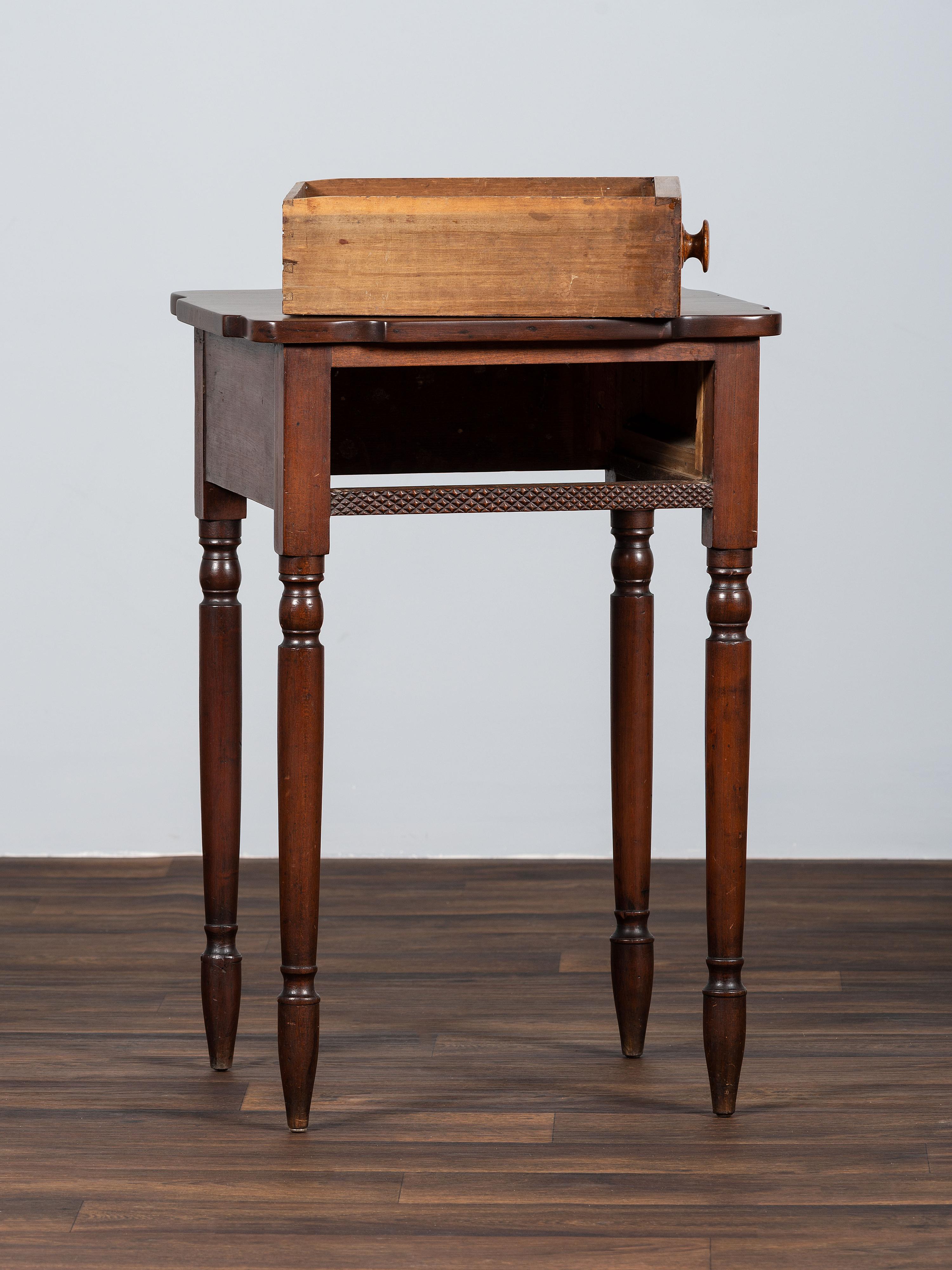 A Late Federal Carved Cherrywood and Tiger Maple One-Drawer Work Table