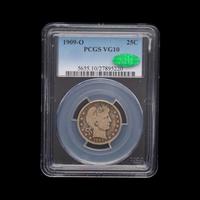 A 1909-O Barber 25c Coin [PCGS VG10; CAC Green Sticker]