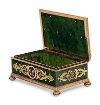 A 14 Karat Gold, Diamond and Guilloché Enamel Hardstone Table Casket