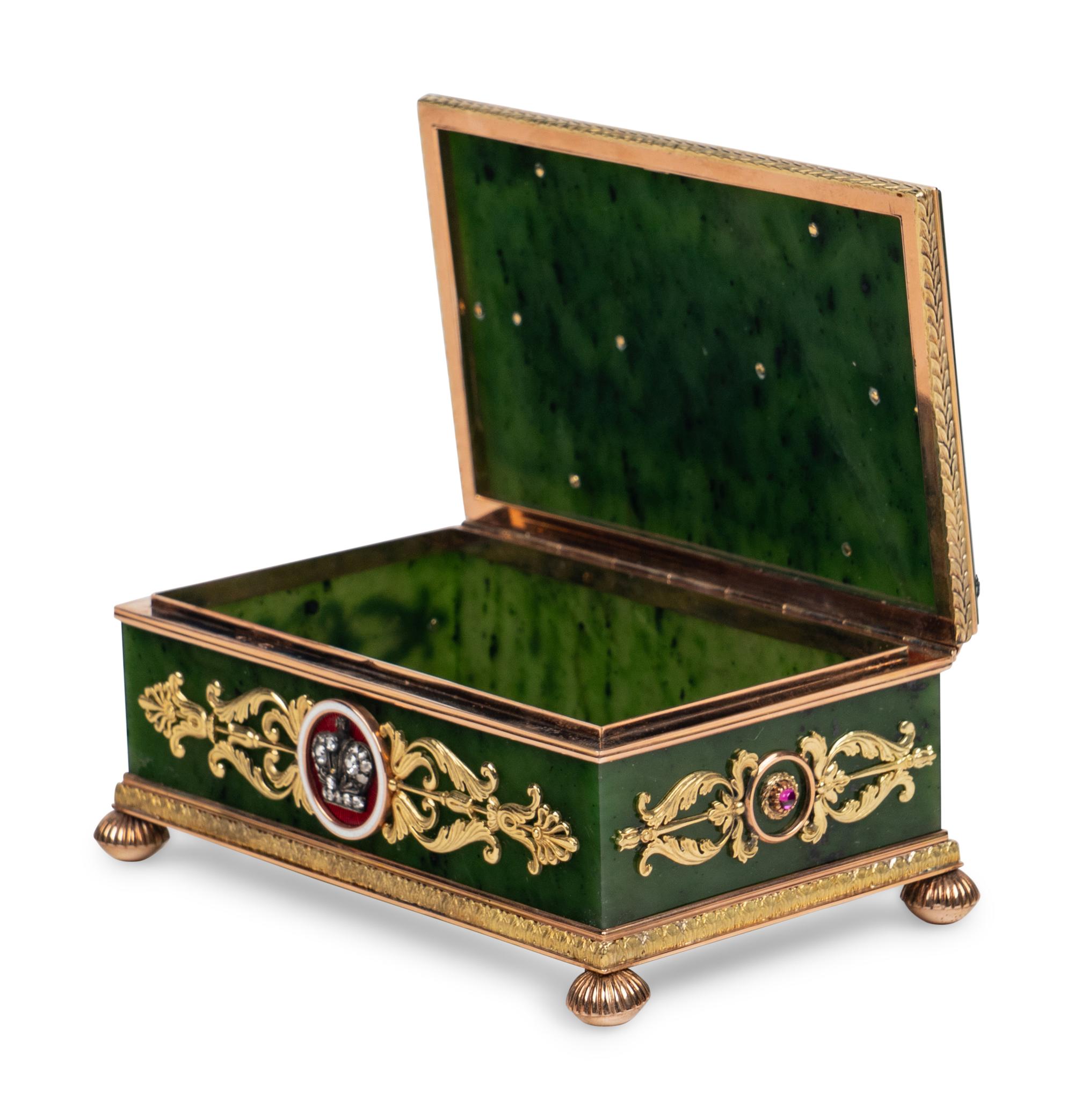 A 14 Karat Gold, Diamond and Guilloché Enamel Hardstone Table Casket
