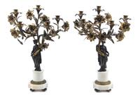 A Pair of Patinated and Gilt Bronze Five-Light Figural Candelabra, Height 23 3/4 inches.