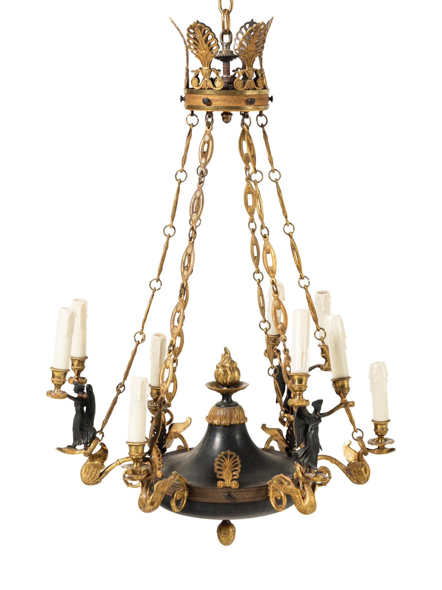 An Empire Style Gilt and Patinated Bronze Nine-Light Chandelier
