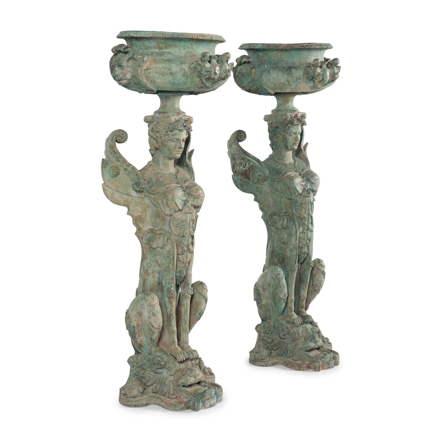 A Pair of Neoclassical Style Patinated Bronze Figural Jardinières