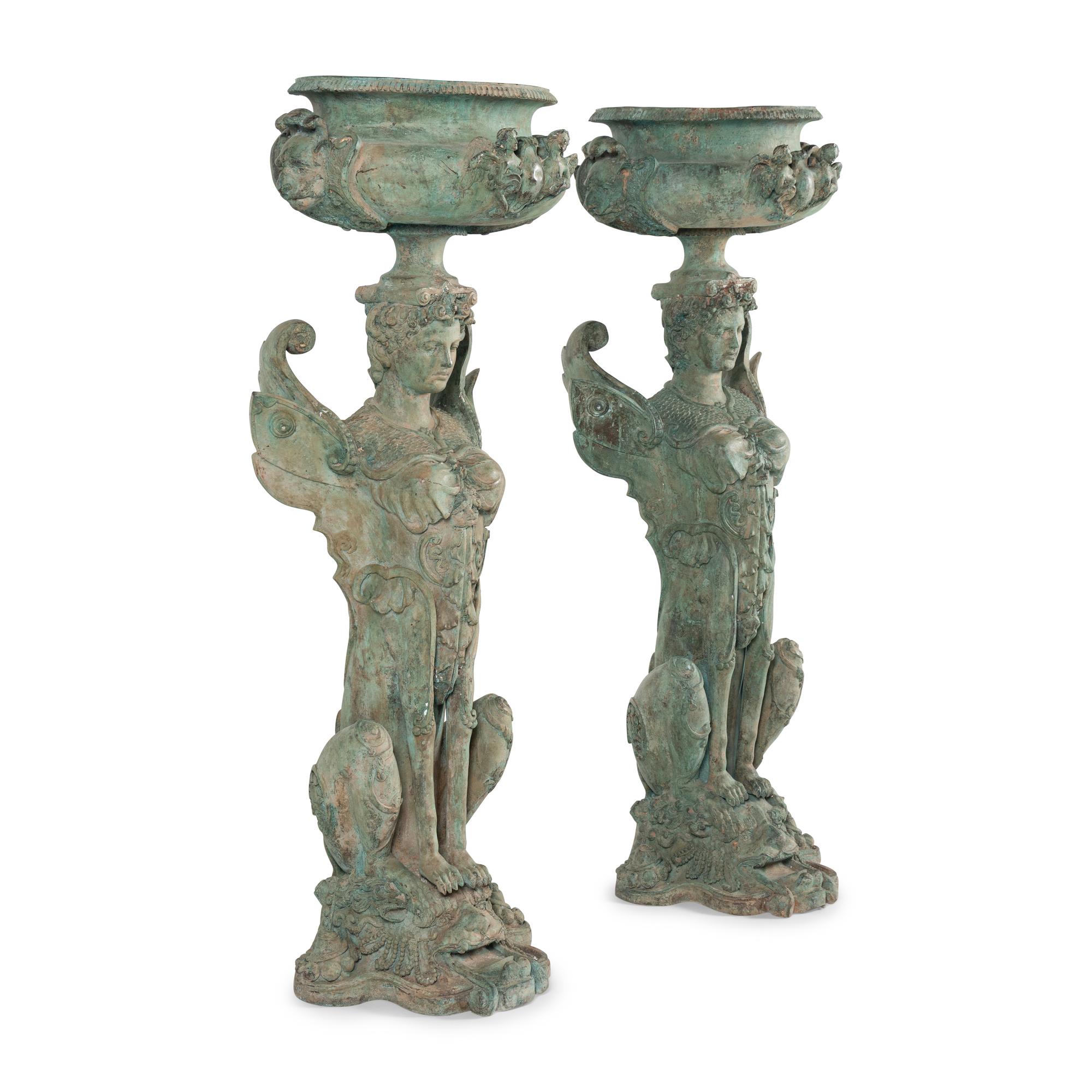 A Pair of Neoclassical Style Patinated Bronze Figural Jardinières