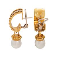 YELLOW GOLD, DIAMOND AND CULTURED PEARL EARCLIPS