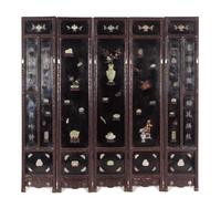 A Chinese Jade and Hardstone Inlaid Black Lacquered Five-Panel Floor Screen