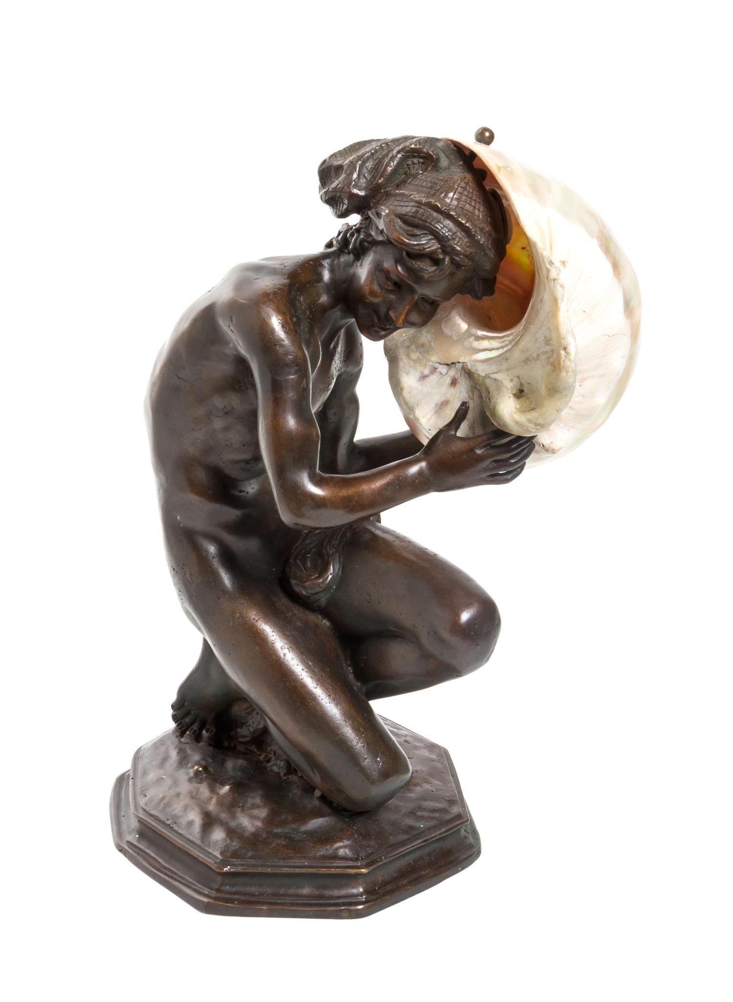 A Continental Bronze and Abalone Shell Figural Lamp, after Jean Baptiste Carpeaux (French 1827-1875), Height 14 inches.