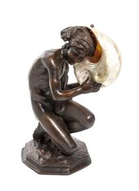 A Continental Bronze and Abalone Shell Figural Lamp, after Jean Baptiste Carpeaux (French 1827-1875), Height 14 inches.