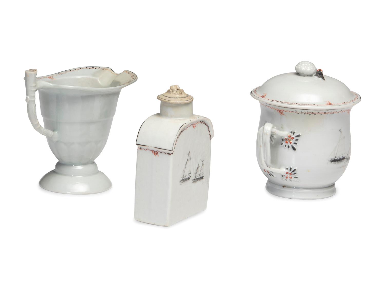 A Chinese Export Porcelain Nine-Piece Grisaille Tea Service