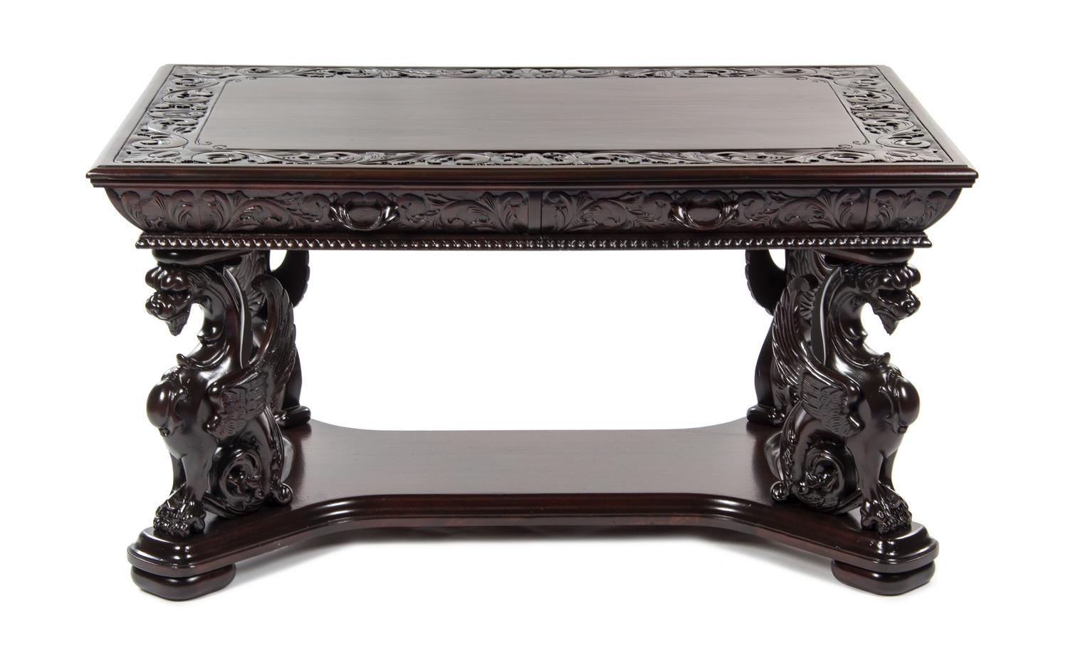 A Renaissance Revival Oak Library Table, AFTER AN EXAMPLE BY R.J. HORNER, MODERN, Height 29 x width 54 1/2 x depth 37 inches. — AFTER AN EXAMPLE BY R.J. HORNER, MODERN,