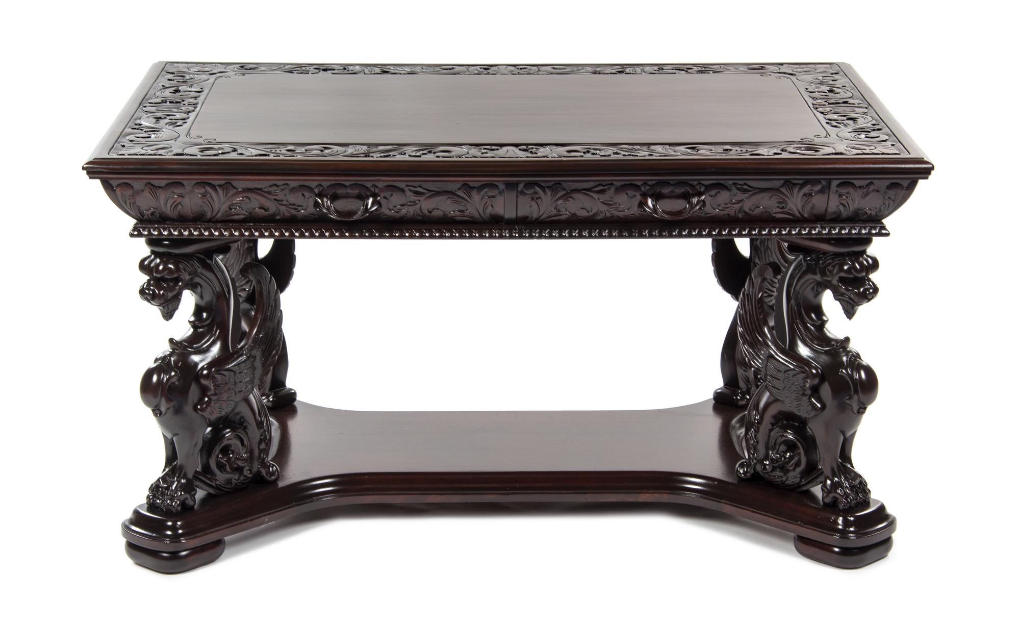 A Renaissance Revival Oak Library Table, AFTER AN EXAMPLE BY R.J. HORNER, MODERN, Height 29 x width 54 1/2 x depth 37 inches. — AFTER AN EXAMPLE BY R.J. HORNER, MODERN,